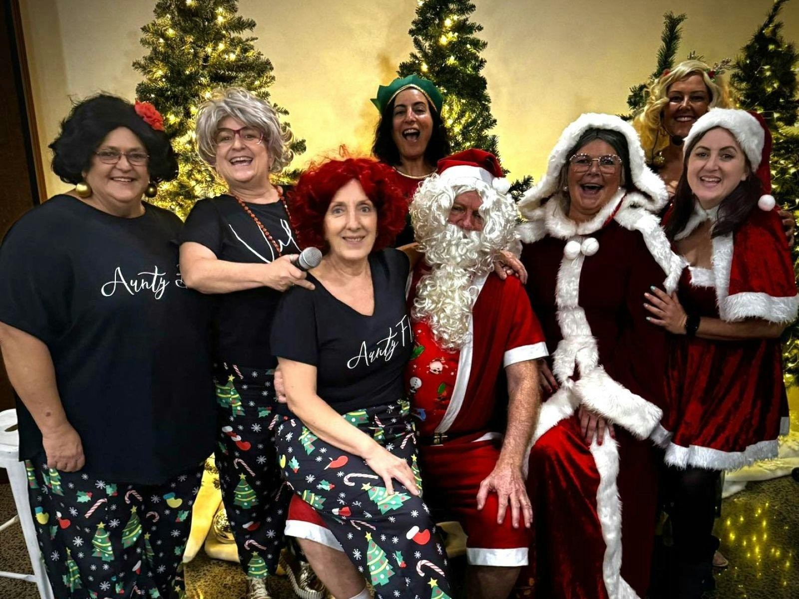 Comedy Tours Christmas Wonderland Characters posing in front of Christmas trees