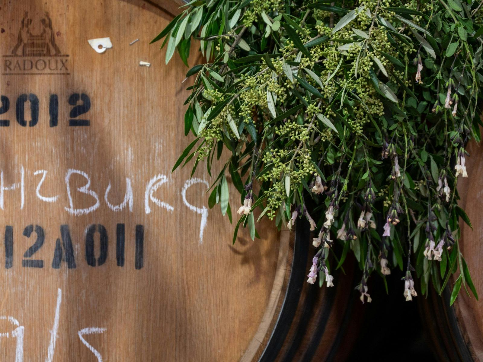 close up of barrel with gum leaf foilage