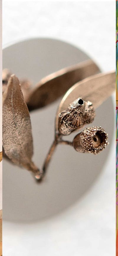 Details from 3 artworks: a painting of a bird in a tree; bronze acorns and leaves; abstract shapes.