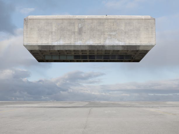 A photographic exploration of an architecutral model floating in the sky.