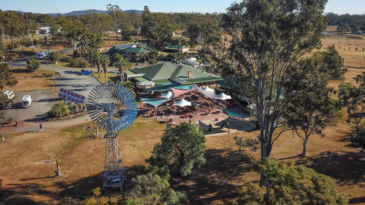 A bird's eye view of Bearded Dragon Tamborine Aussie country hotel. Windmill charm in the Scenic Rim