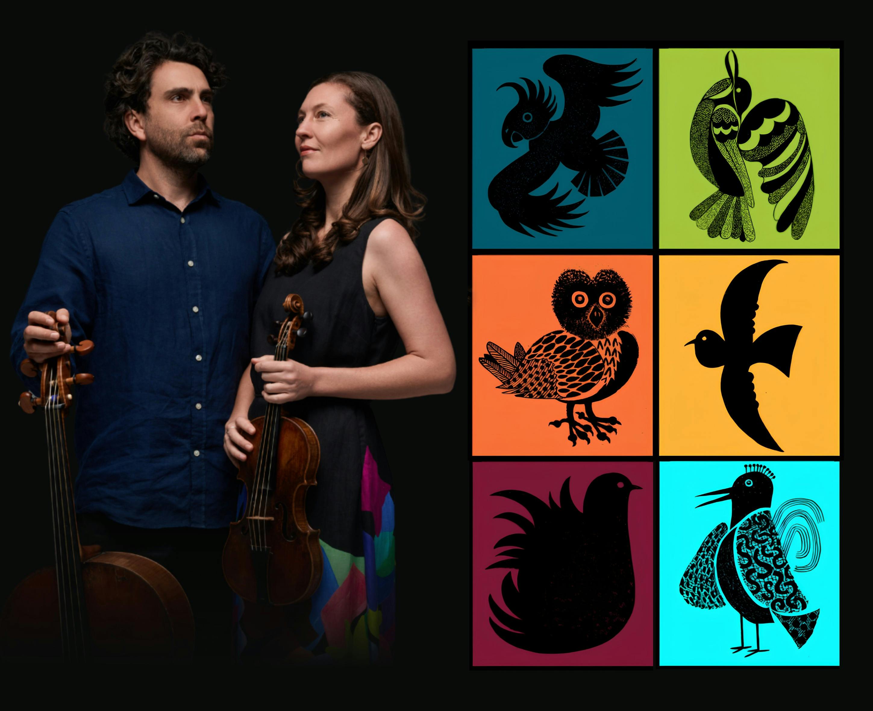 Two performers with their instruments and colourful bird images