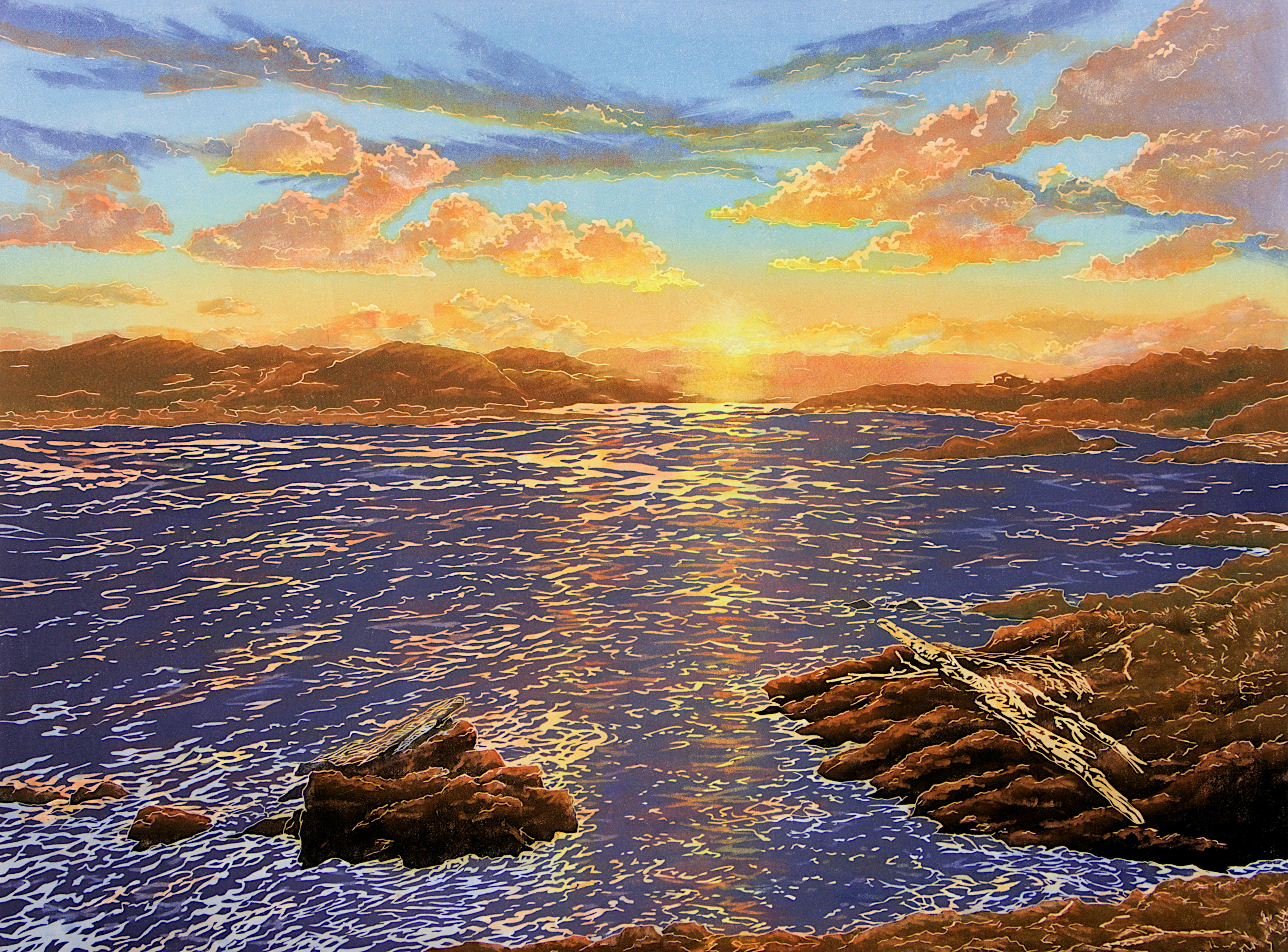 Image of a vivid sunrise or sunset over water and  low mountains with rocky shore in the foreground