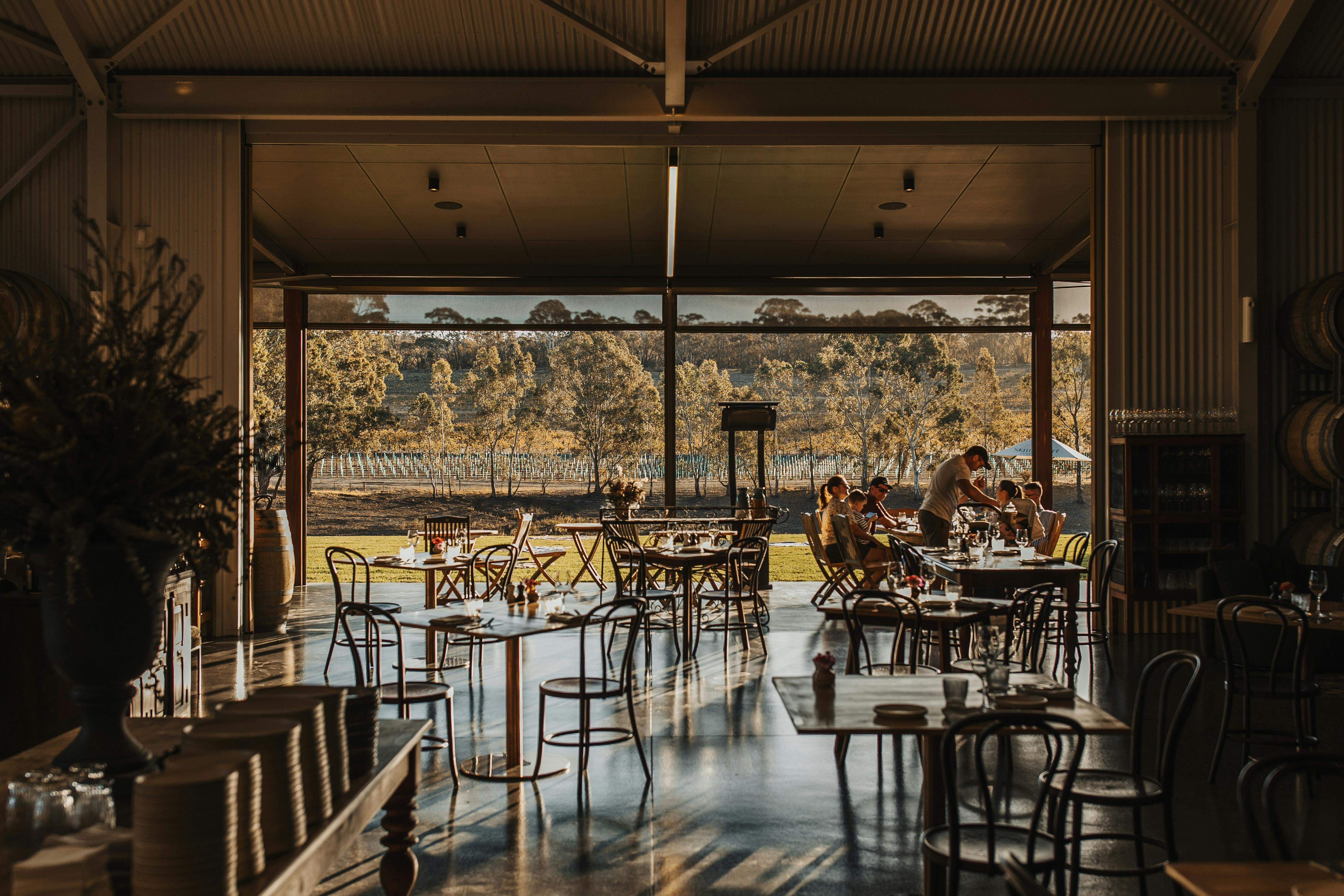 Looking out from inside the Barrel House towards the terrace and across the vineyard