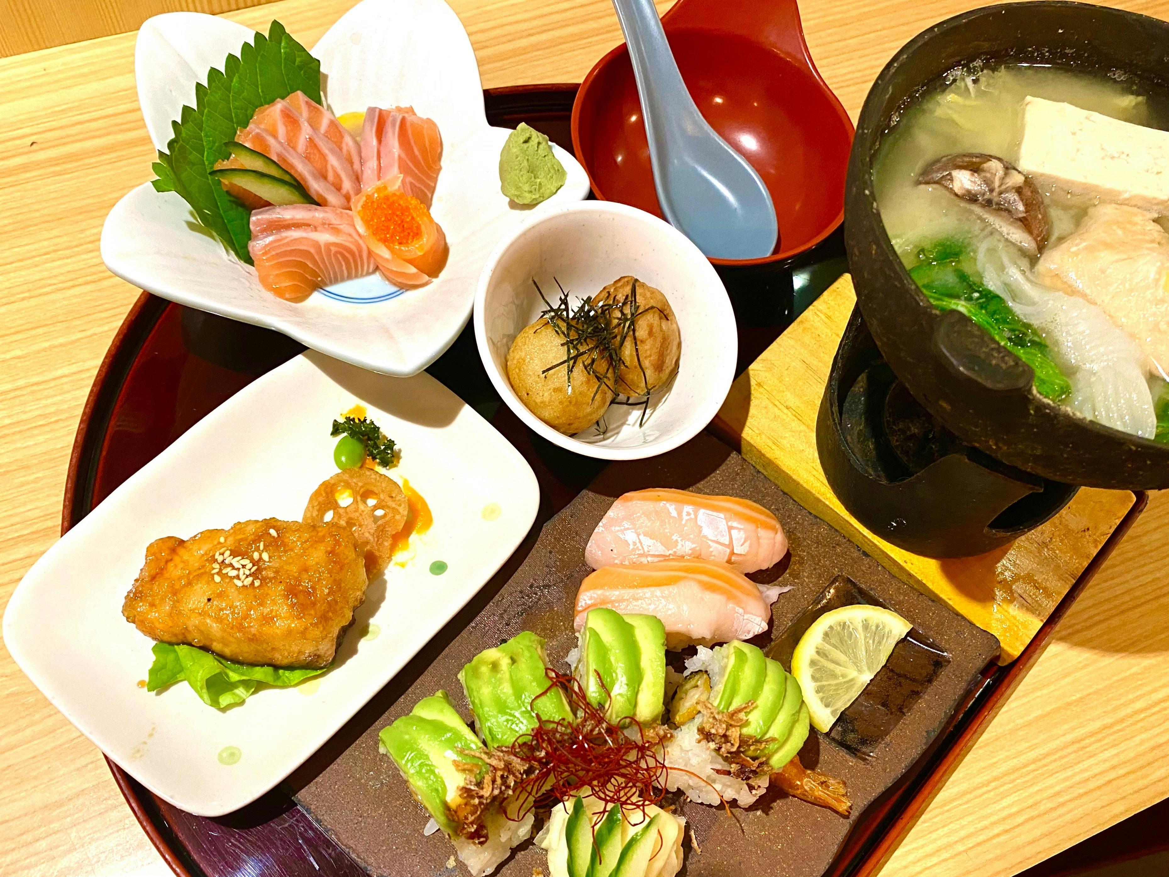 - Teriyaki Salmon or Teriyaki Chicken - Takoyaki  - Salmon Sashimi - Sushi - Hot pot