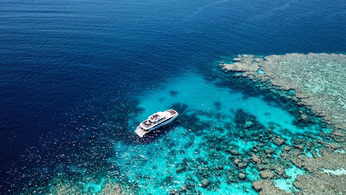 drink shot of a dive boat next to a coral reef