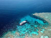 drink shot of a dive boat next to a coral reef