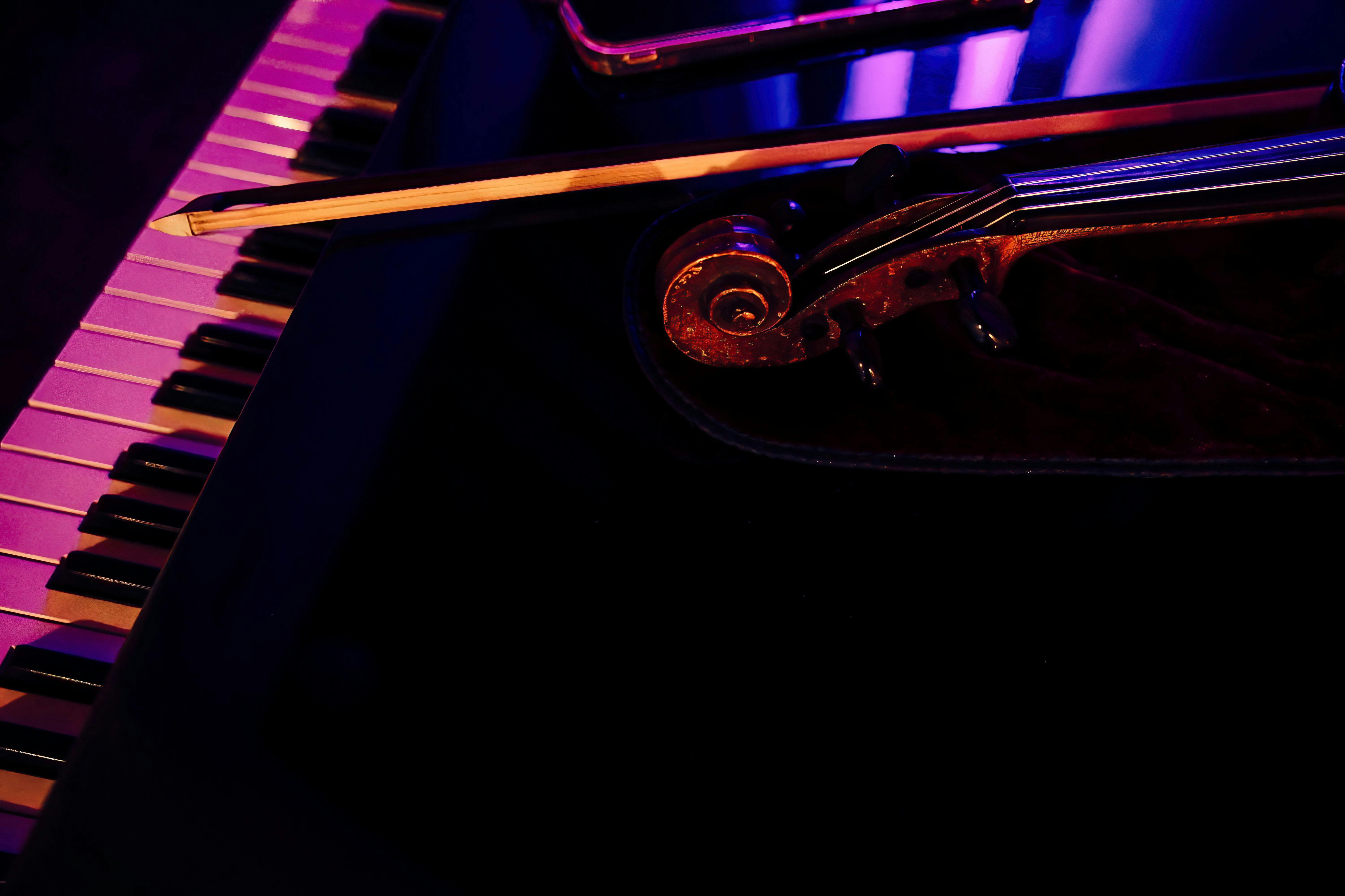 Piano keys and a violin bow in semi-darkness