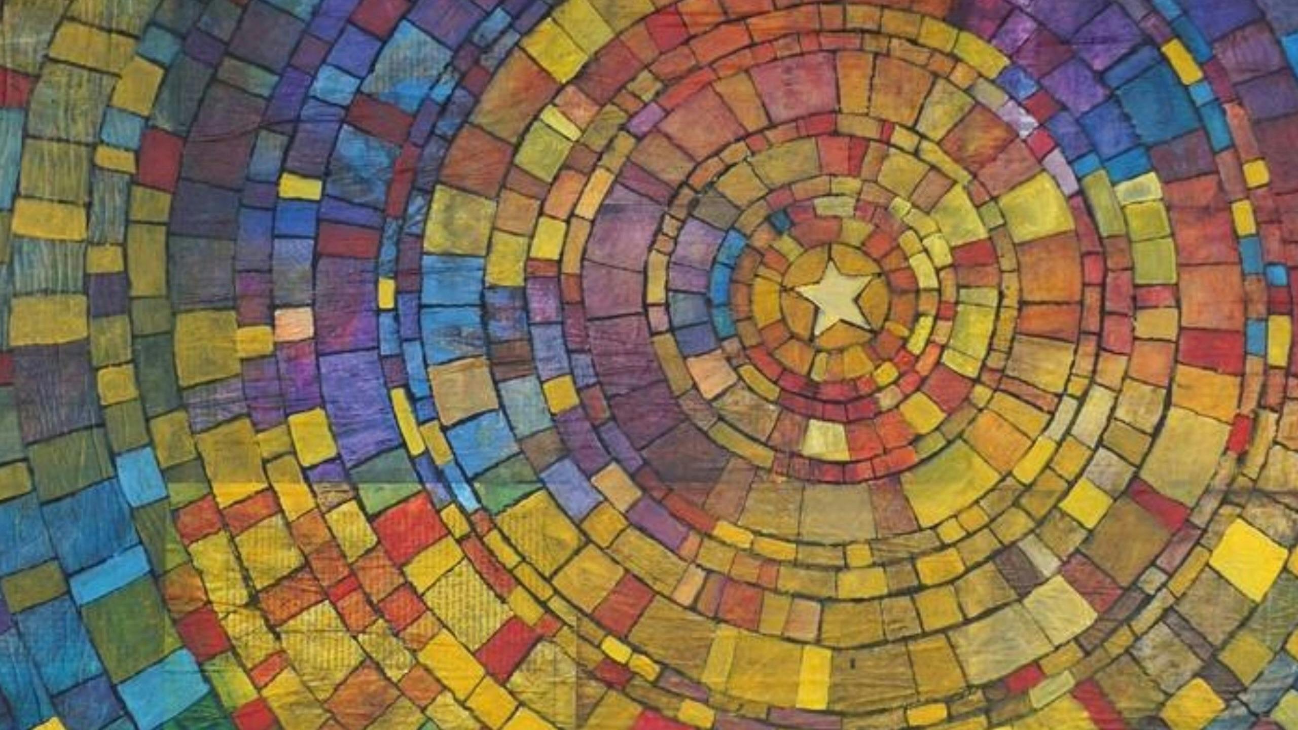 Mosaic of multicoloured concentric circles with a star at the centre