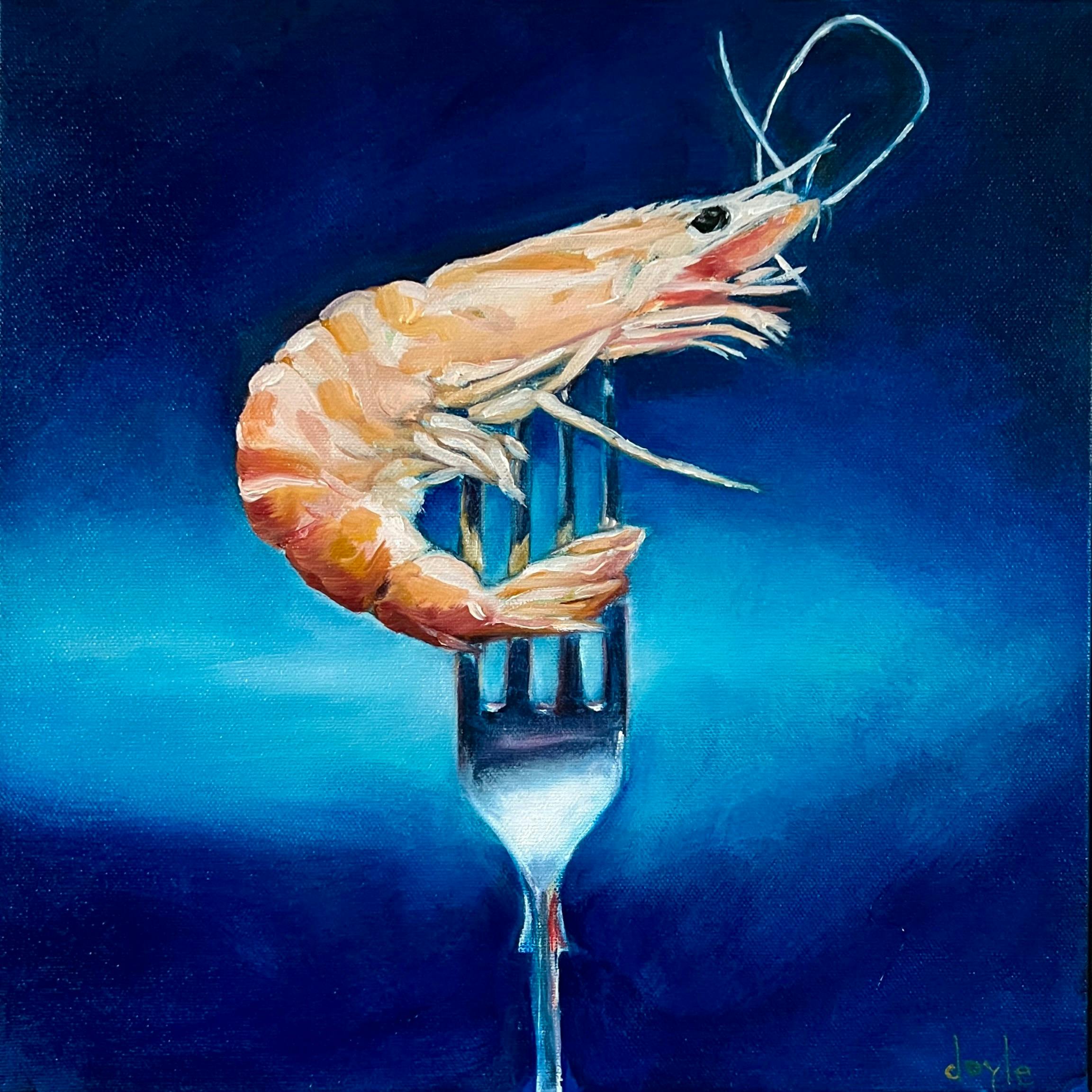 Oil painting of prawn on a fork