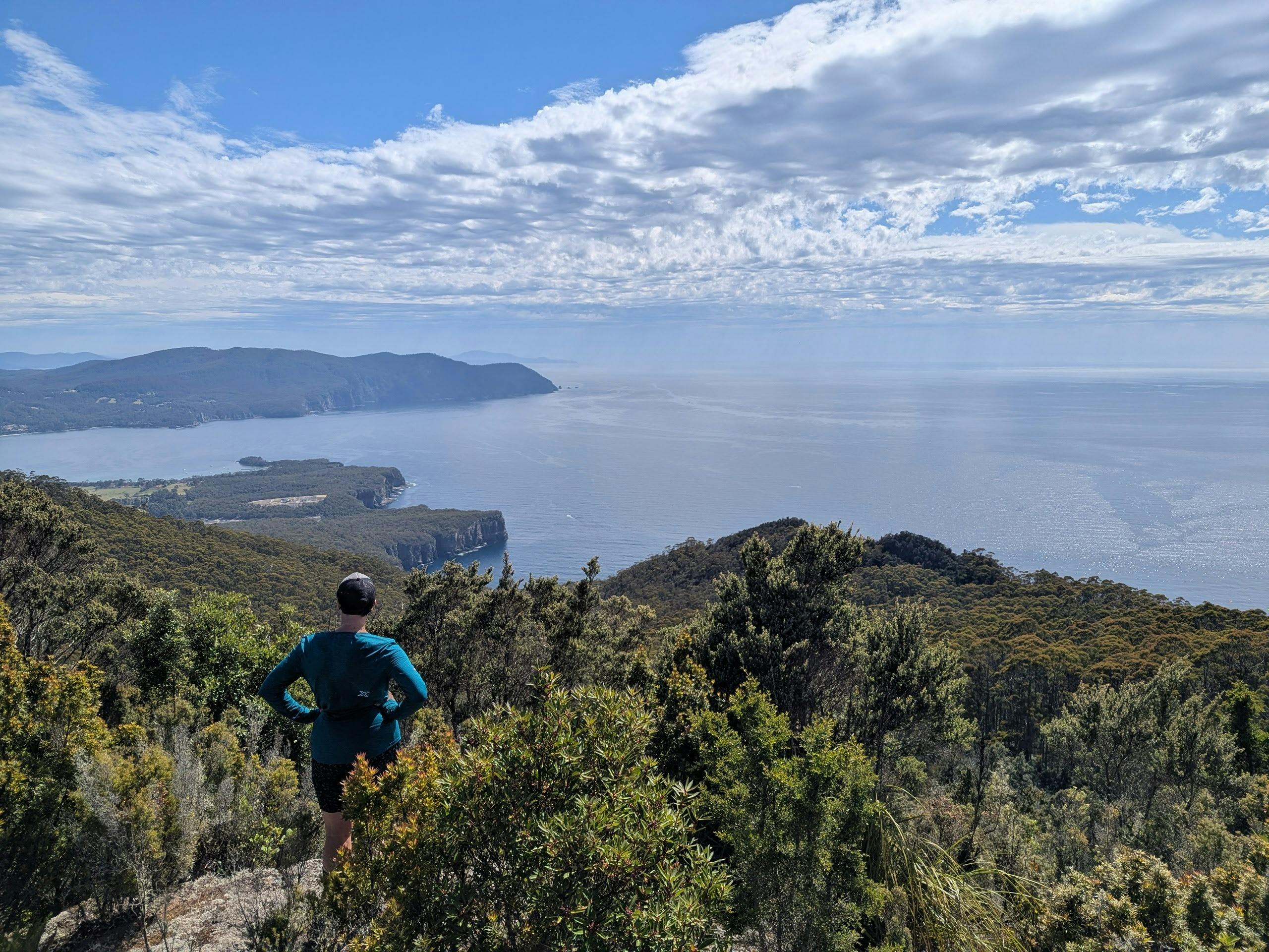 Walker enjoying elevated coastal views on the Three Capes Walk Tasmania pack free walking tour