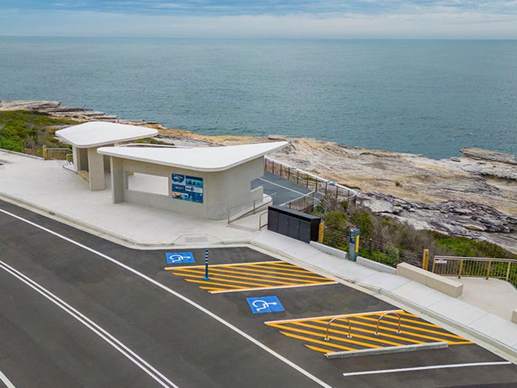 Accessible parking spaces located next to the whale watching platform at Cape Solander lookout.