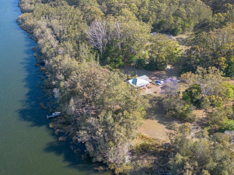Aerial view of Cutlers Cottage near the lake's edge. Credit: John Spencer &copy; DPE