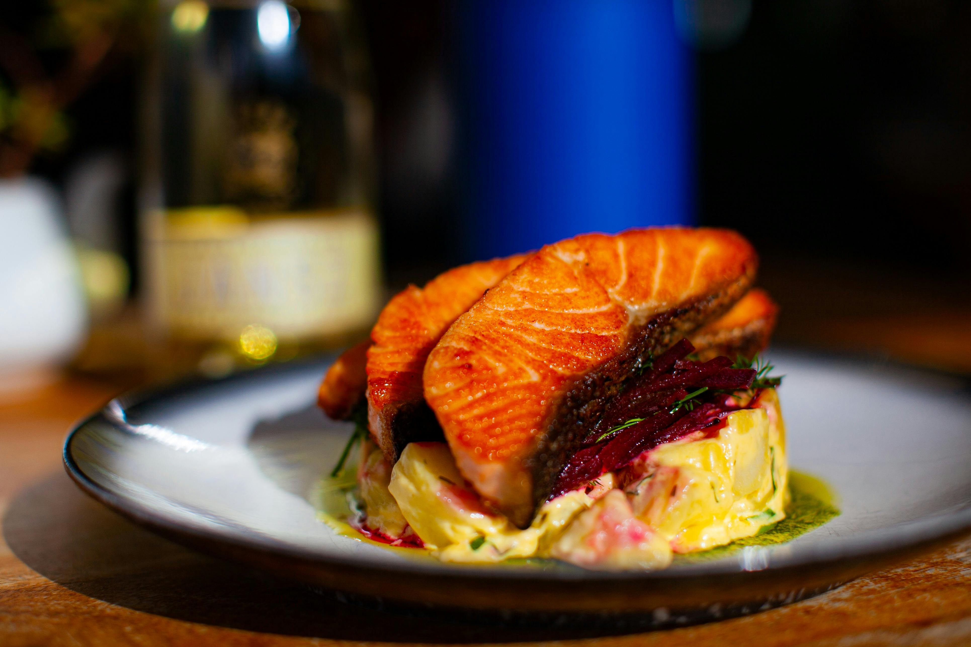 Tasmanian Salmon on warm potato salad with pickled beetroot