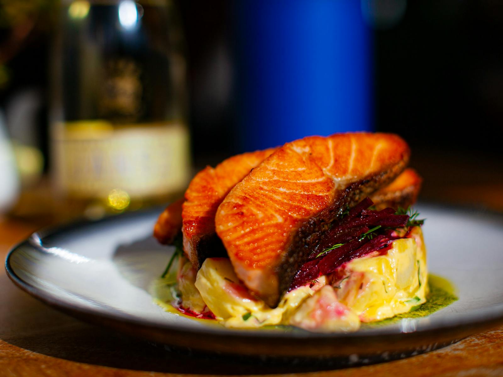Tasmanian Salmon on warm potato salad with pickled beetroot