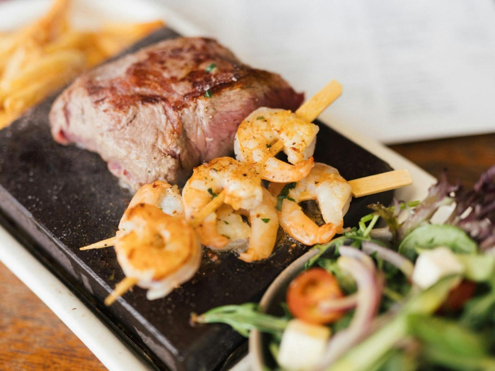Bentleys Hotel Stone Grill - steak and prawns ona skewer