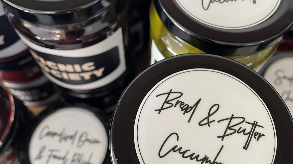 Picnic Society's Providore range- jars of bread and butter pickles and relishes