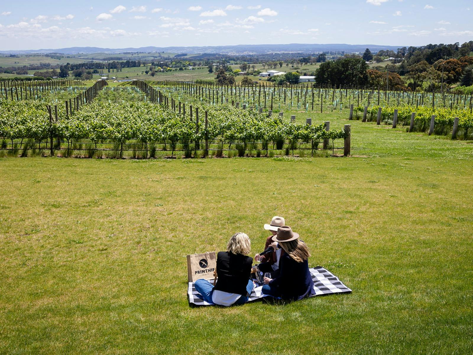 Printhie Wines Picnic witha group of three women sitting on a rug overlooking the vineyard