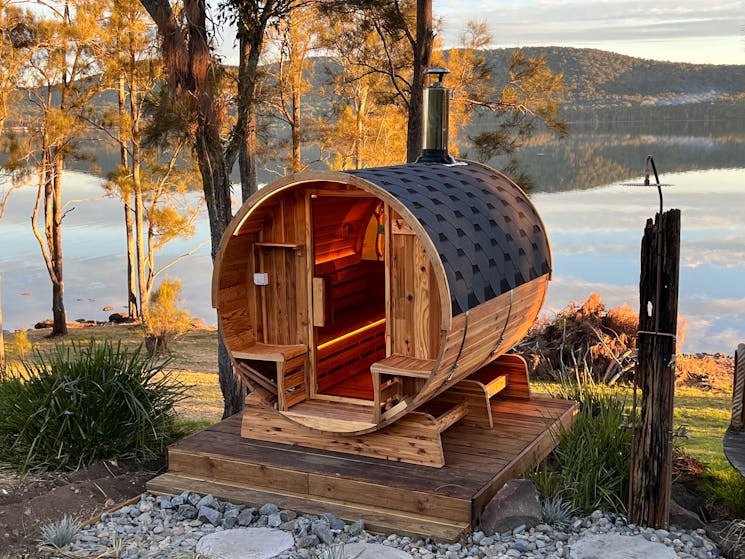 Lake front Barrel Sauna provides ultimate relaxation.