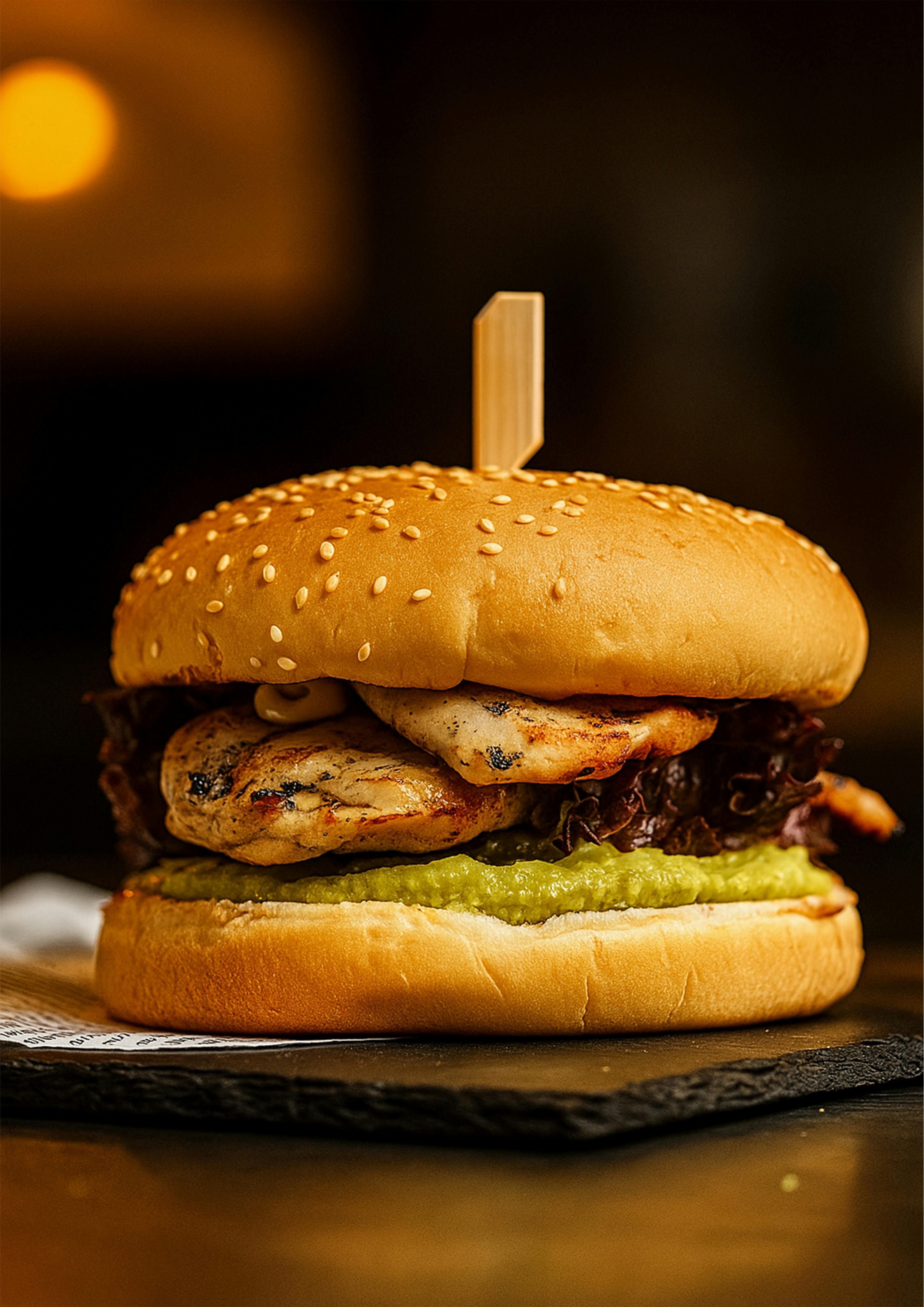 Grilled chicken burger at Esteria in a sesame bun with lettuce, tomato, and sauce