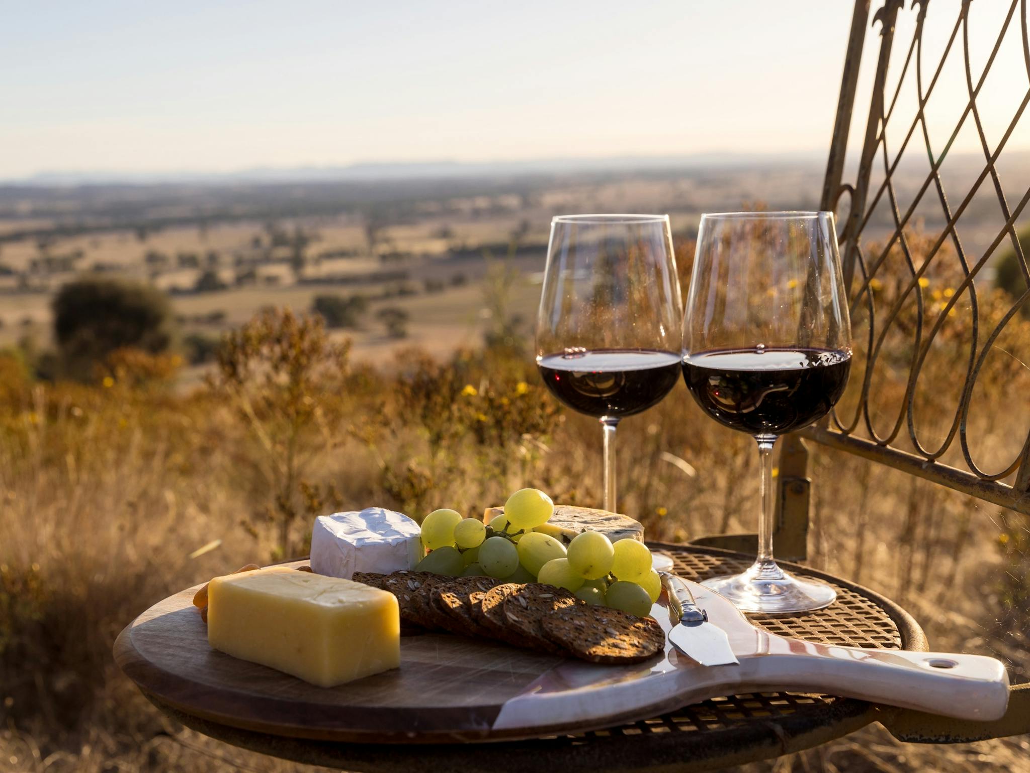 Outdoors, expansive farm view, metal chair, cheese and fruit platter, two glasses red wine