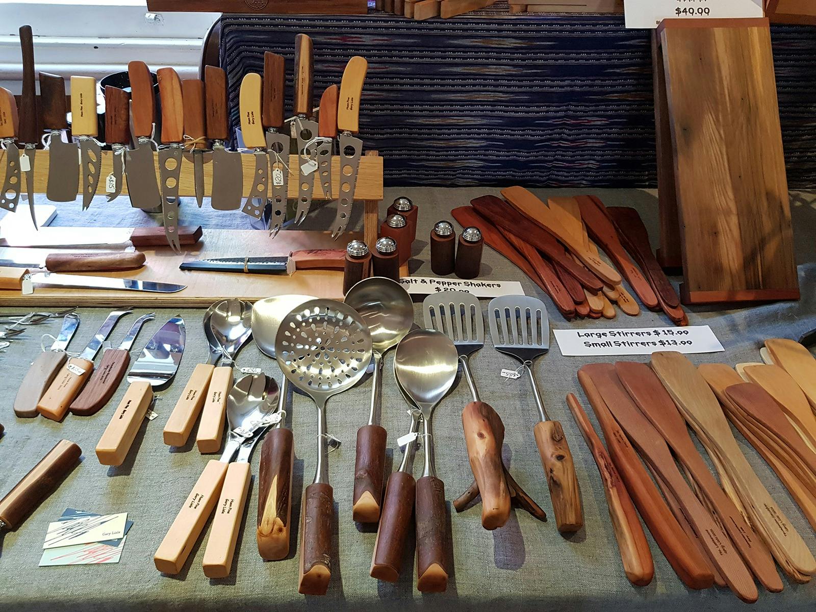 wooden handled knives and spoons, spatulas, cutting boards all from Tasmanian timbers