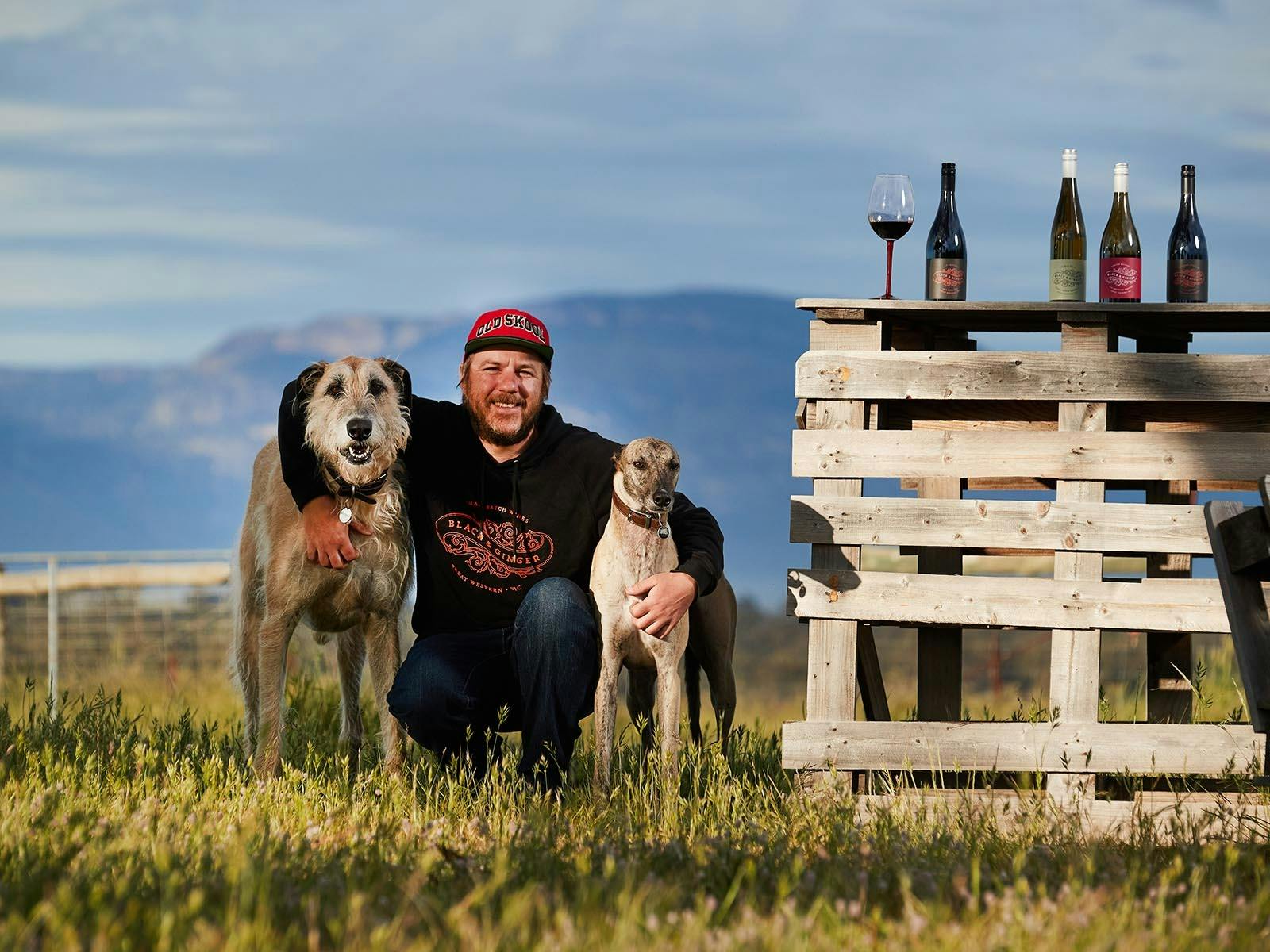Hadyn Black with the Hounds Hunter and Paddy with the Grampians in the background