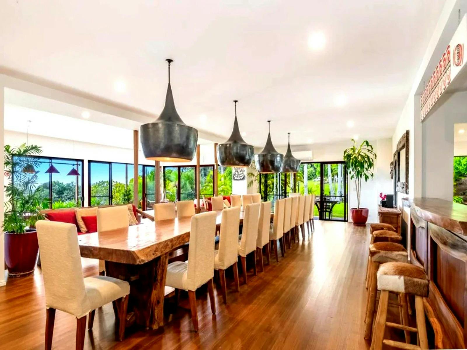 relax in the extra large living and dining areas