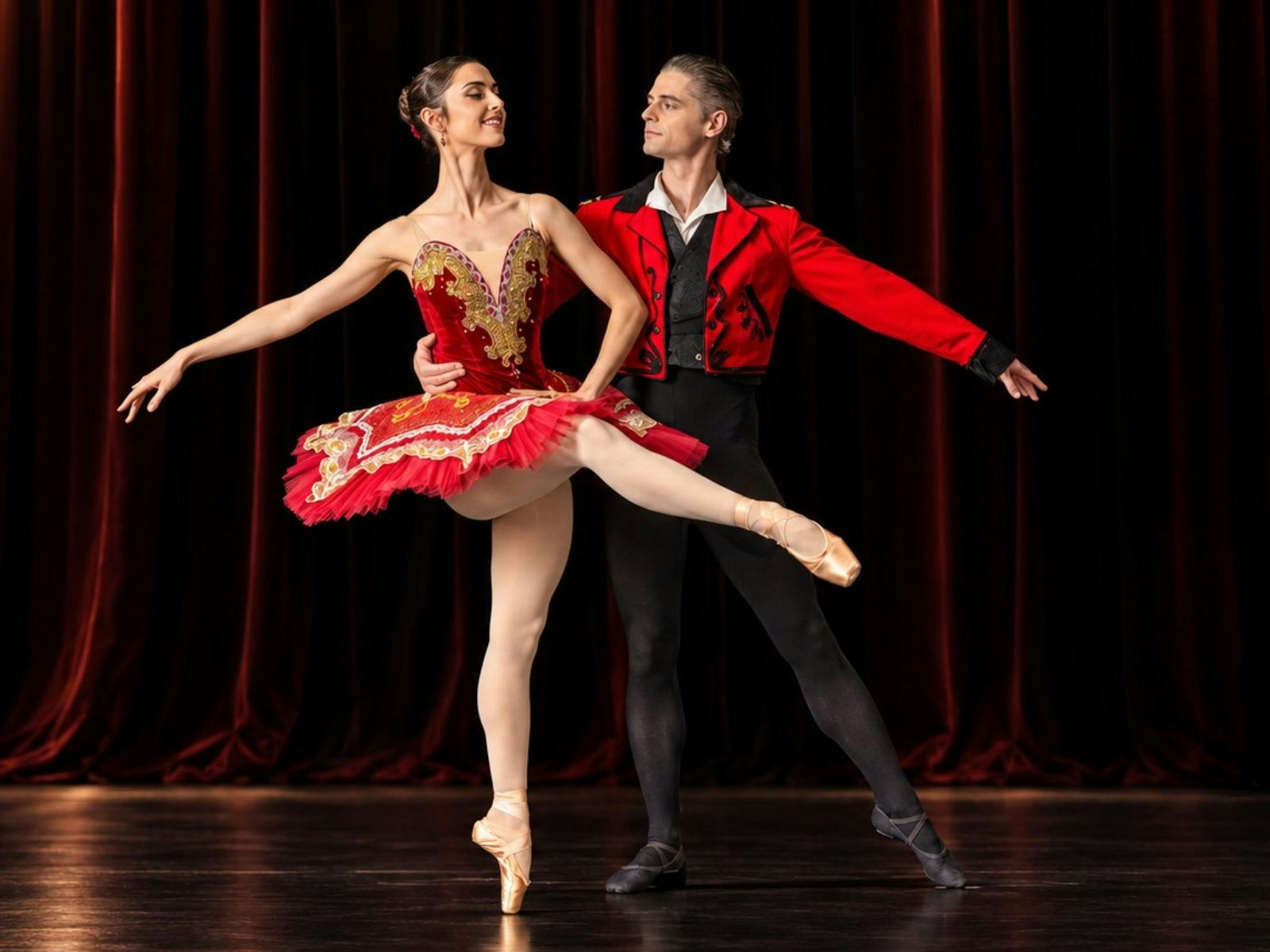 A male and female dancer in a classical ballet pose