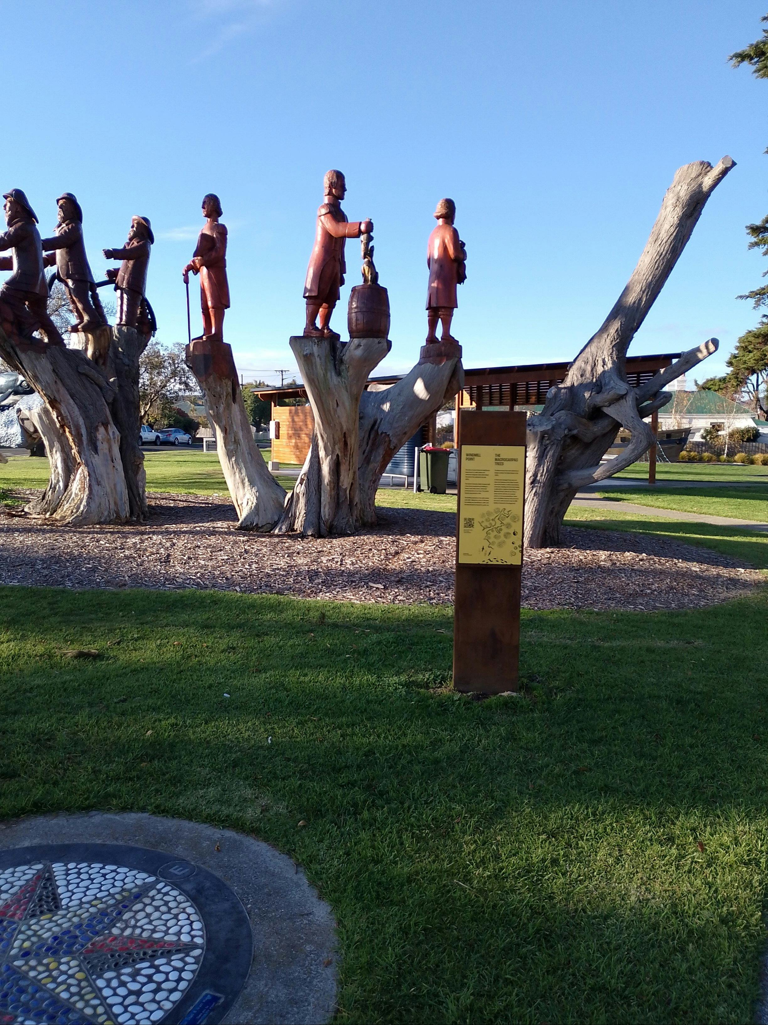 A view showing the sculptures with the BBQ shelter behind