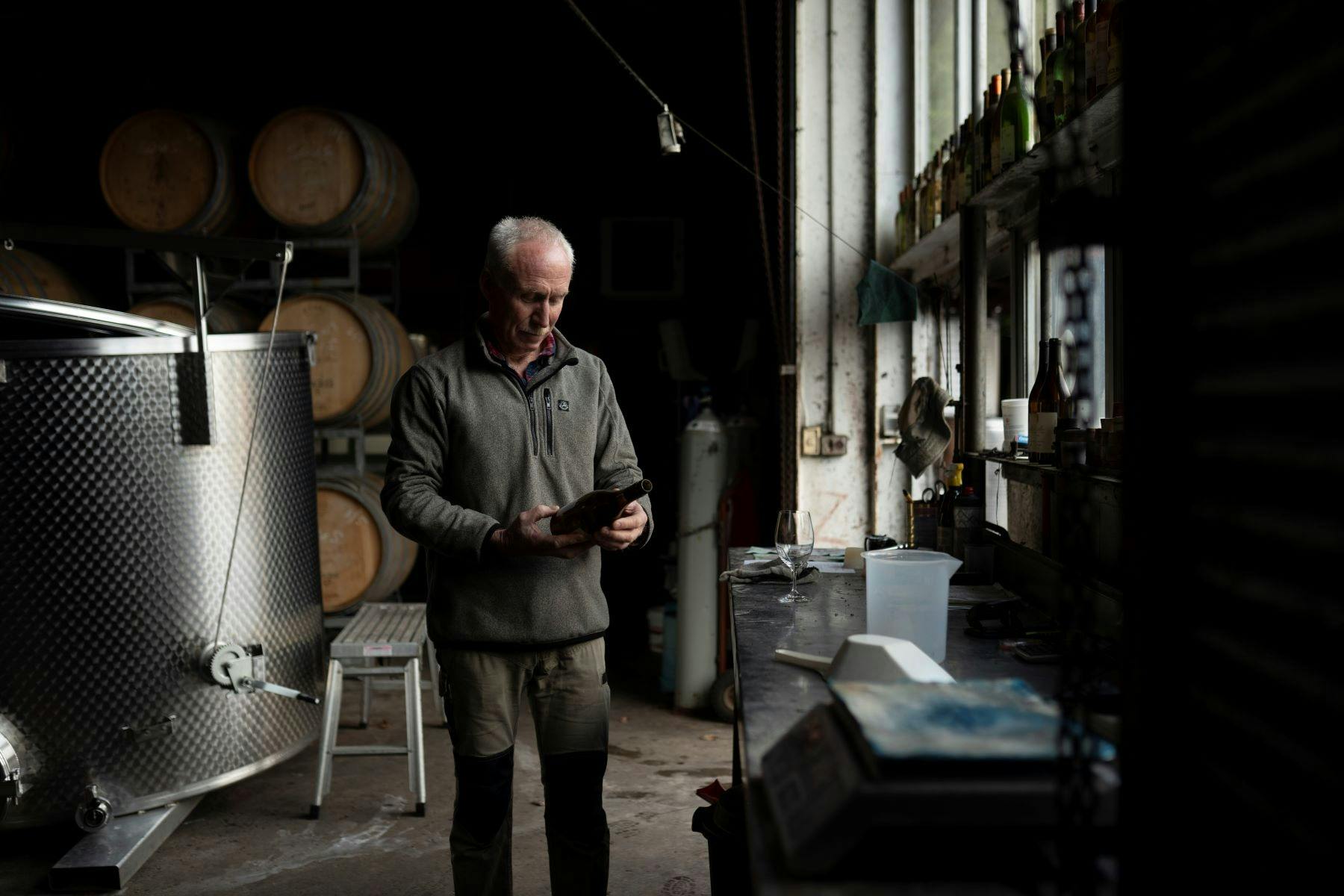 Mark Walpole, in his winery, reflecting