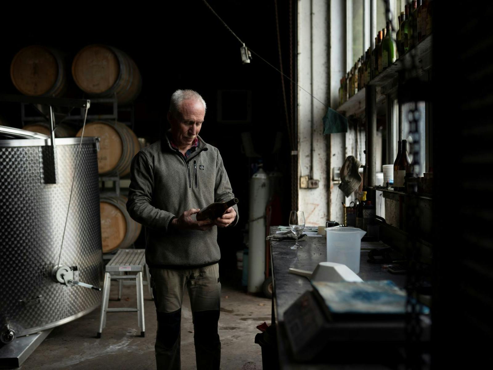Mark Walpole, in his winery, reflecting