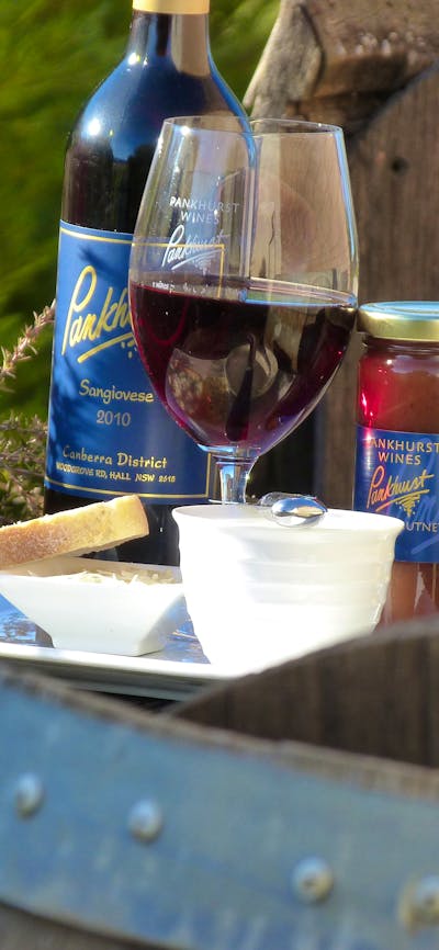 Cheese platter and a bottle of Sangiovese at Pankhurst Wines