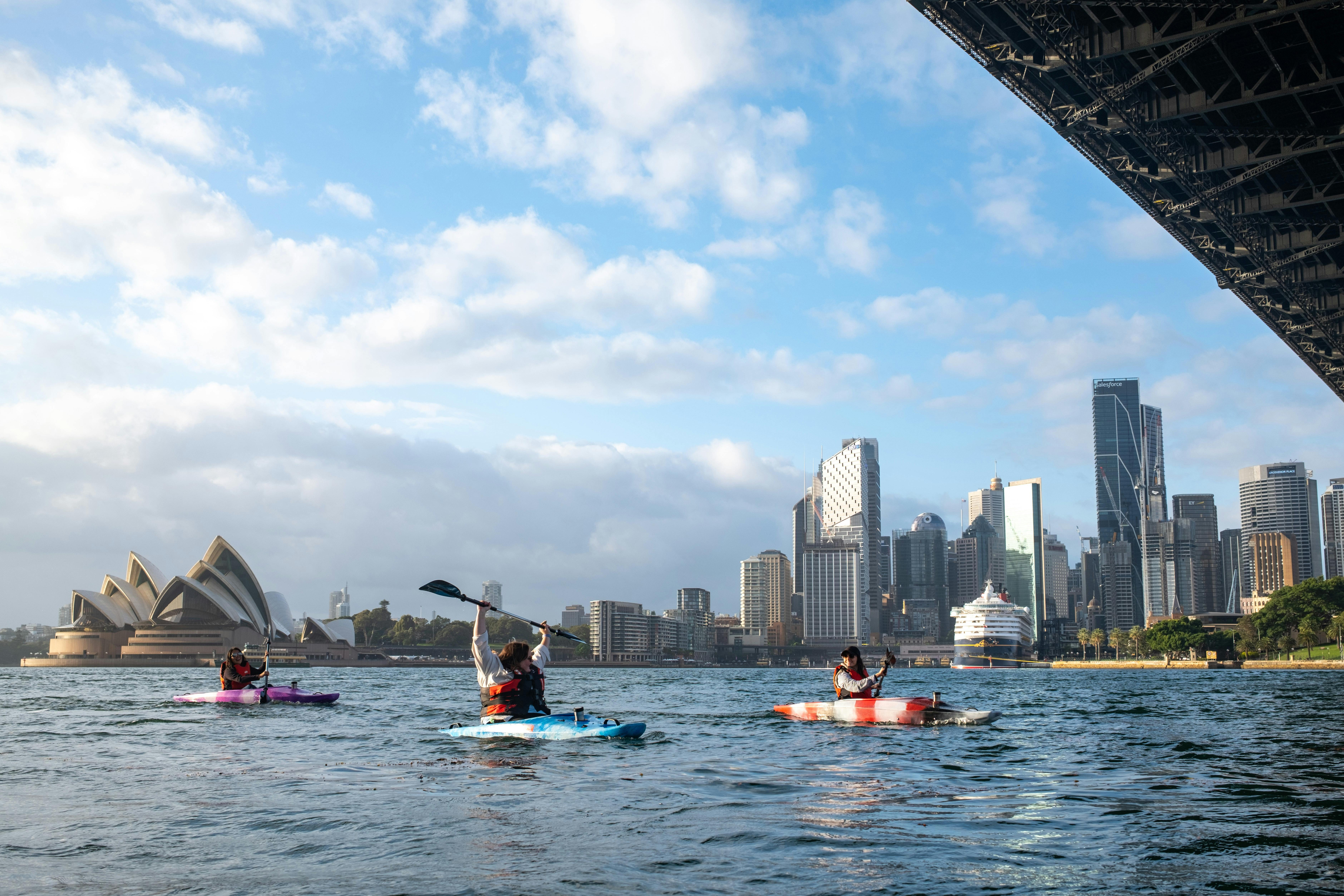 Kayakers throw their paddles in the air with joy as they paddle below the Sydney Harbour Bridge.