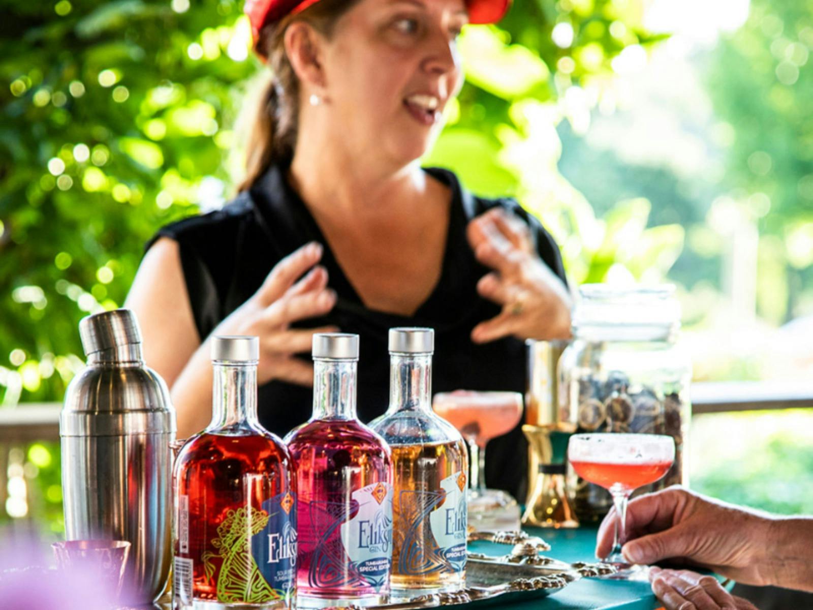 Guided tasting experience with bottles of fruit infused gin being explained by distiller