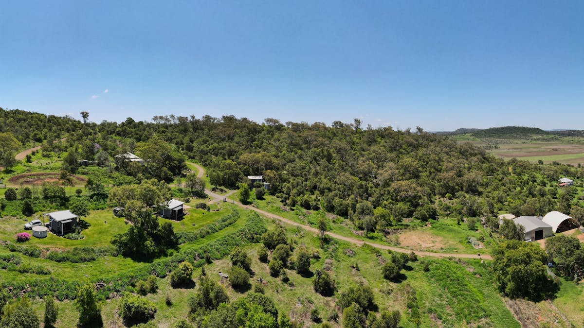 Aerail view of Kiambram. Showing well spaced accommodation, views, bushwalking and birding.
