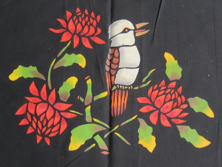Stencilled fabric kookaburra and waratah made by Ella Porter
