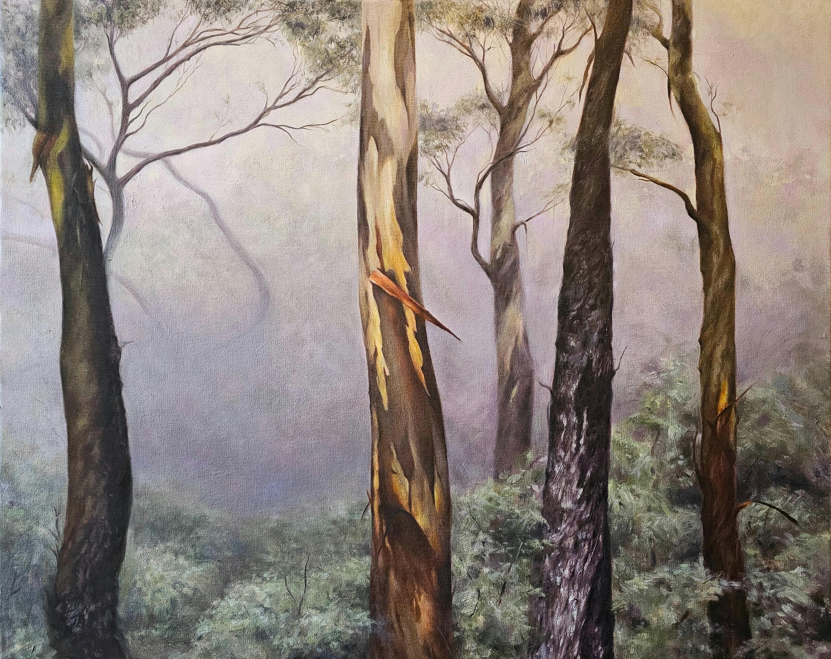 Painting of trees in the mist