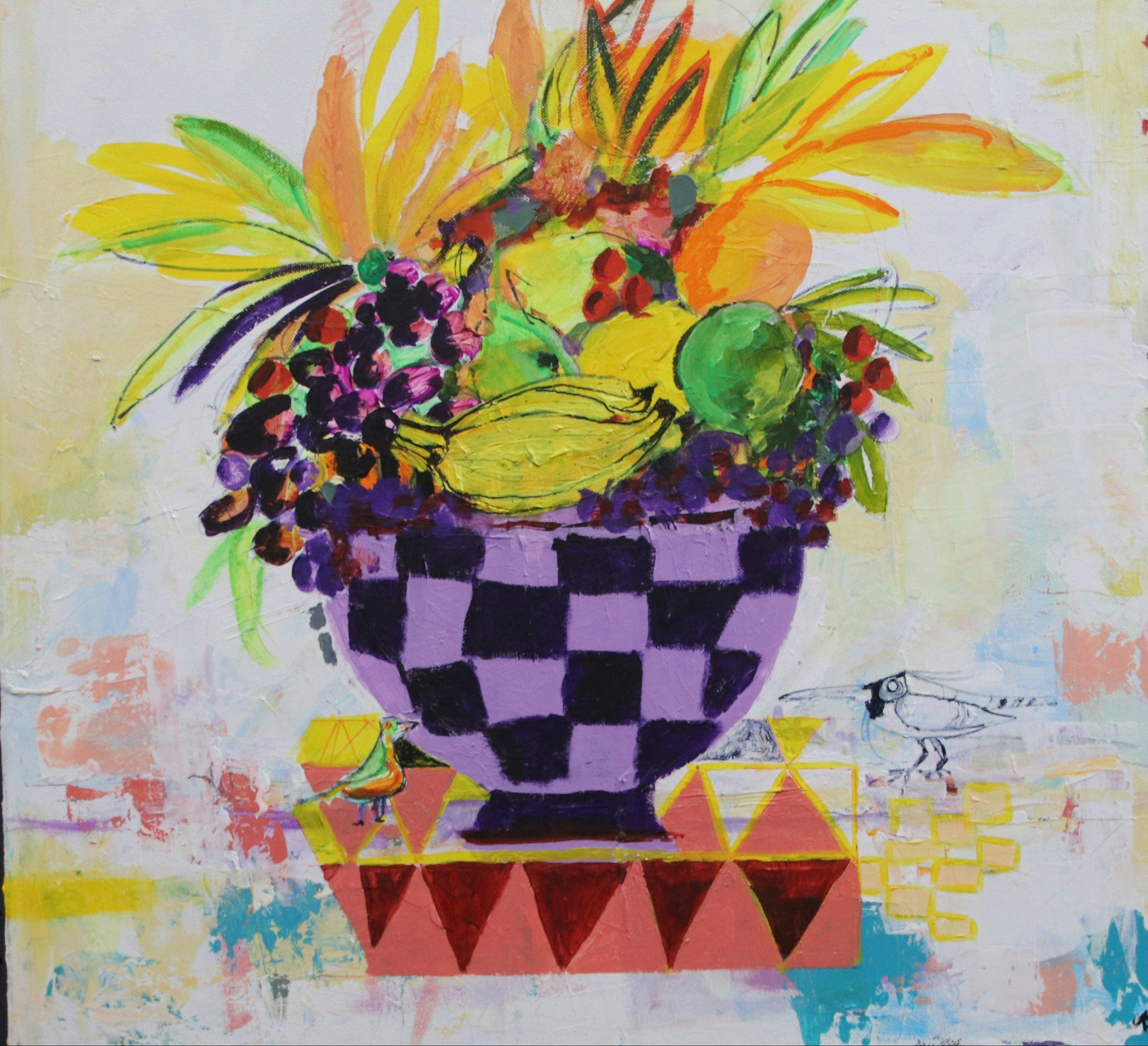 Painting of fruits and flowers in a pot