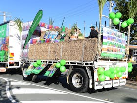 Business truck with sugar cane and posters celebrating in the Beenleigh Cane Parade