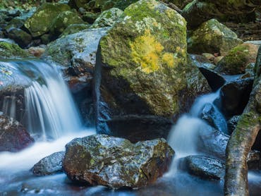 White water cascades over rocks into a rock pool.