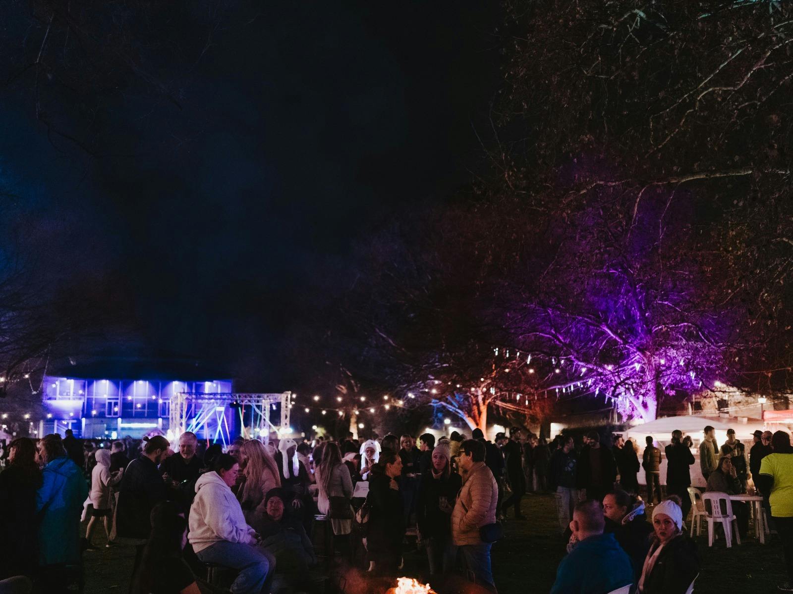 Crowded outdoor winter festival with lights, stalls, and people gathered around a fire.