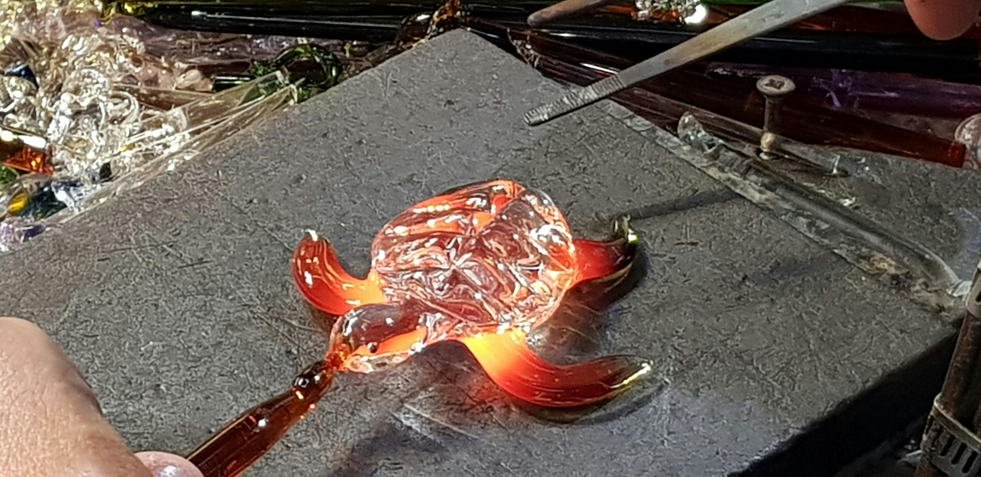 Glass blown Turtle just being completed
