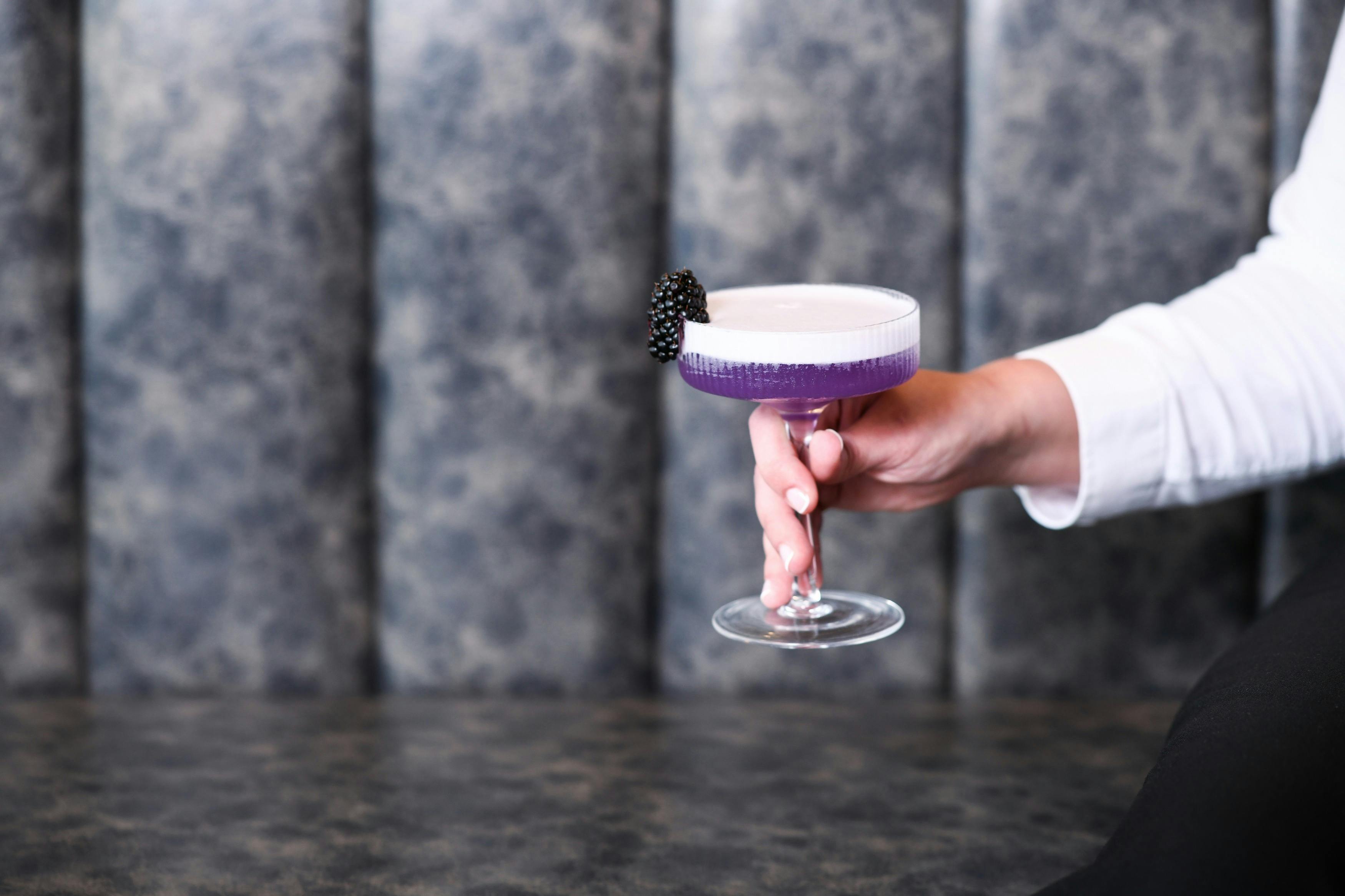 Purple cocktail with blackberry on rim