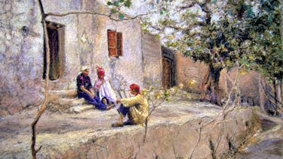 Painting of 3 Uighur women sitting in front of a building