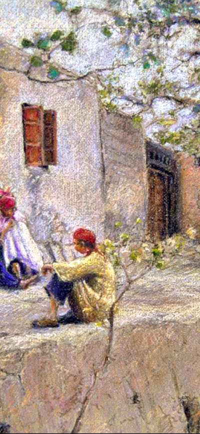 Painting of 3 Uighur women sitting in front of a building