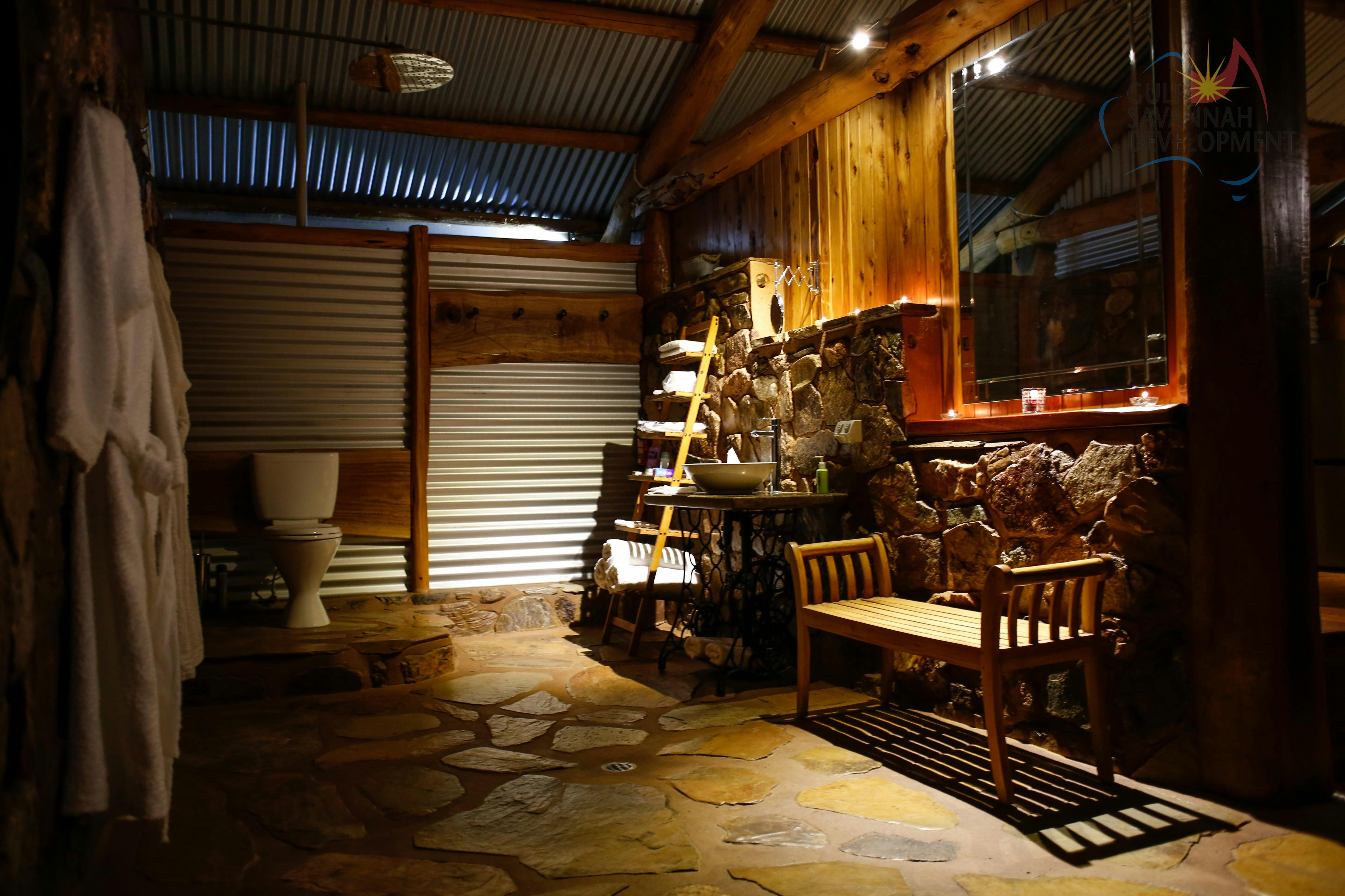 Gilberton Outback Retreat bathroom with luxurious bathrobes, slippers and bath products provided