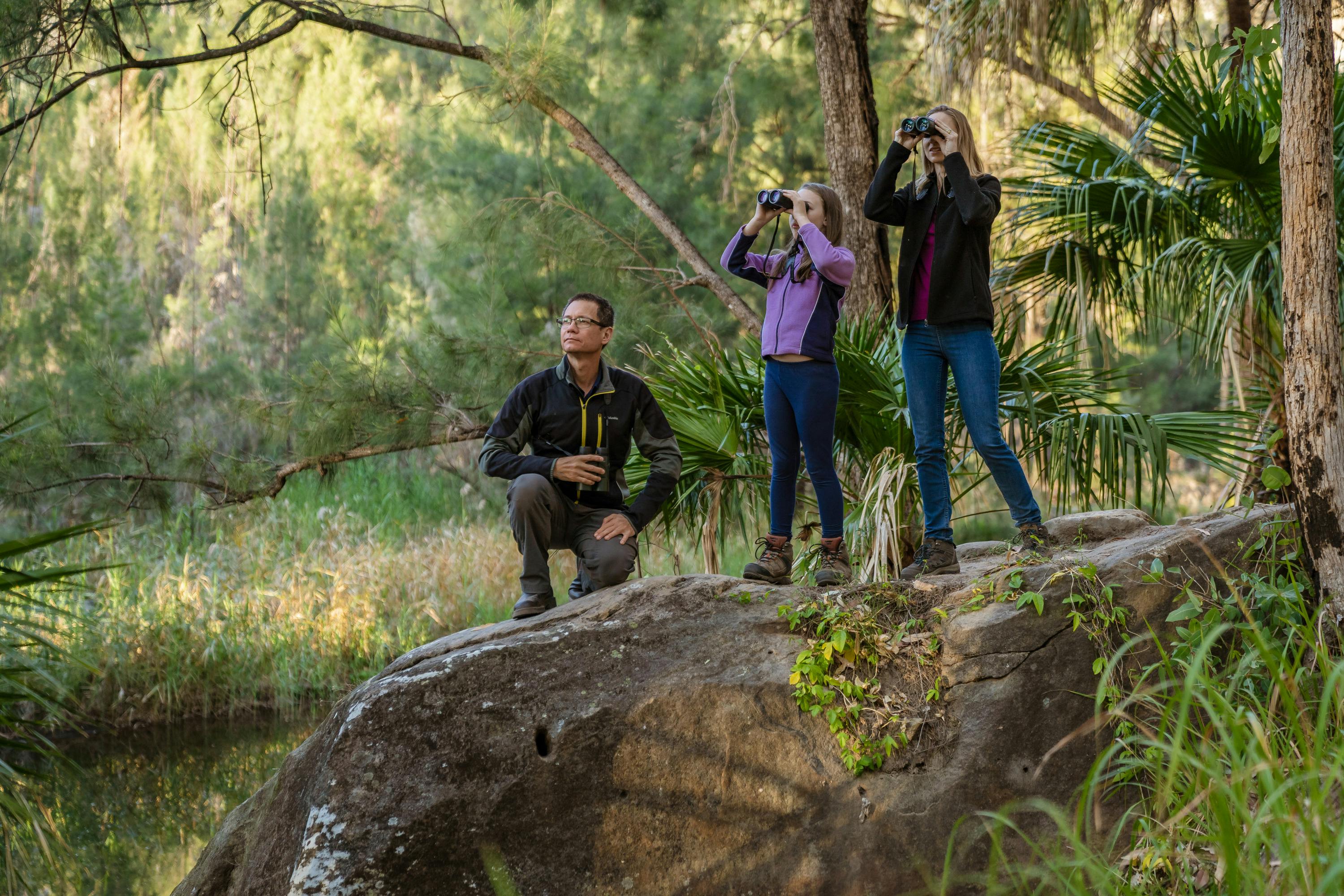 A tour guide and his group use binouclars to watch wildlife at Carnarvon Gorge.