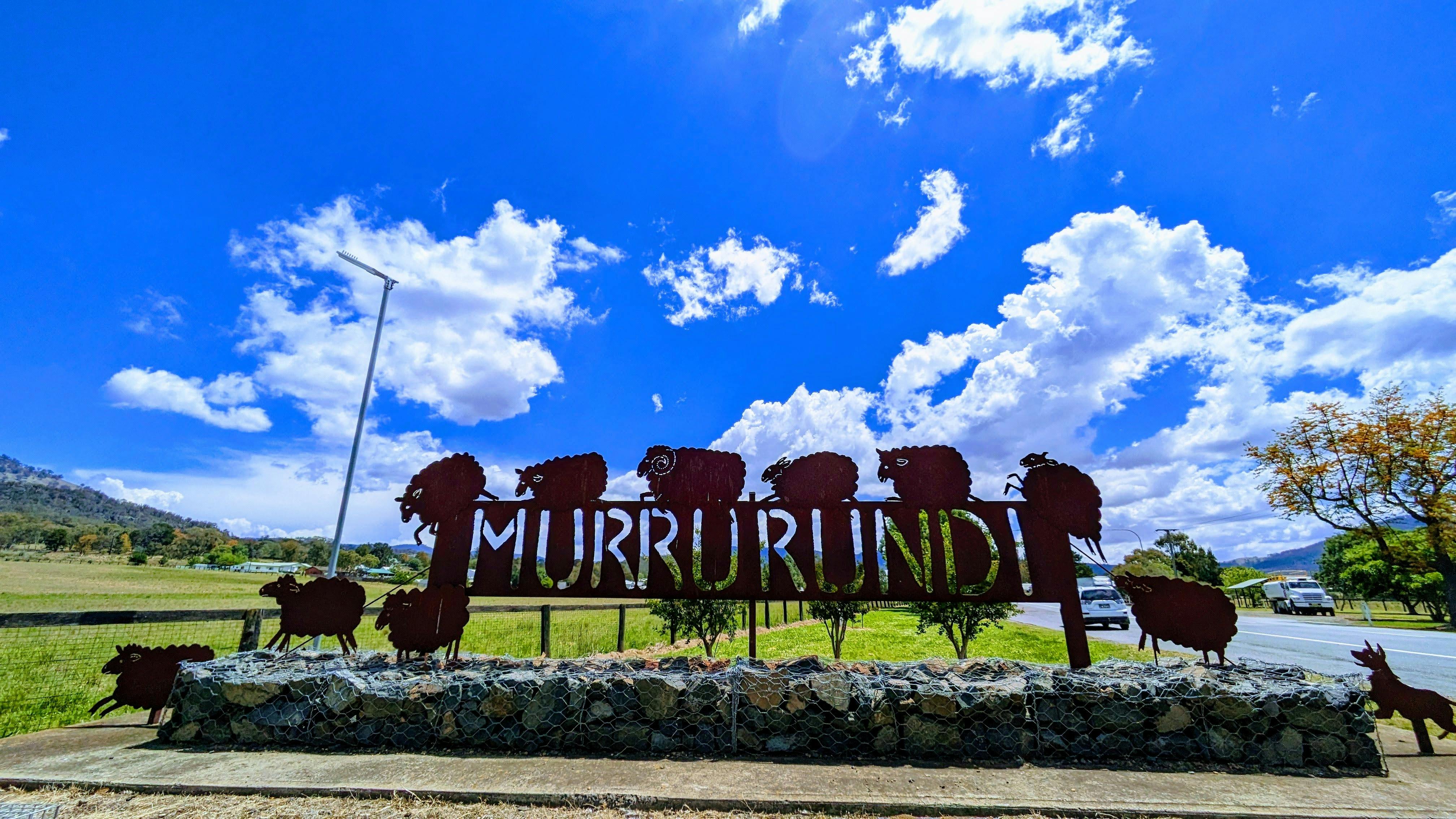 Murrurundi Entry sculpture of cattle dog chasing sheep