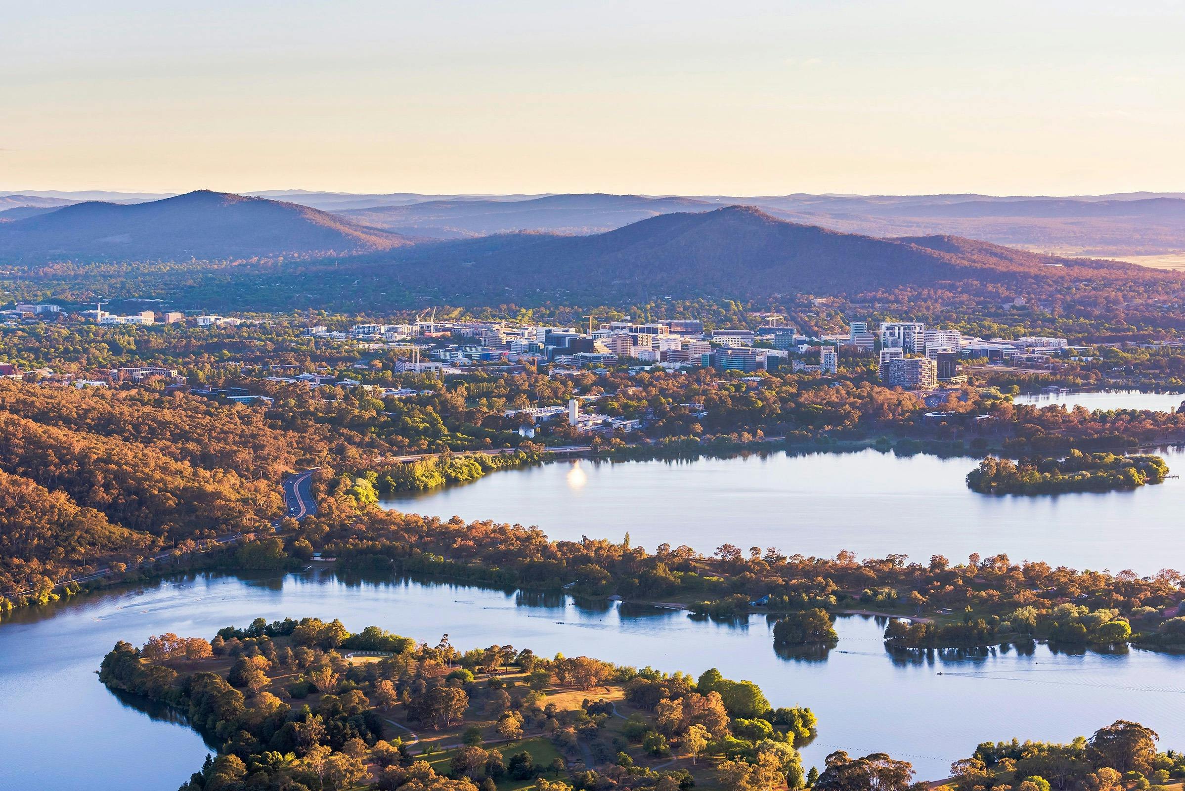 Looking over Lake Burley Griffin and Canberra Business District in the afternoon.